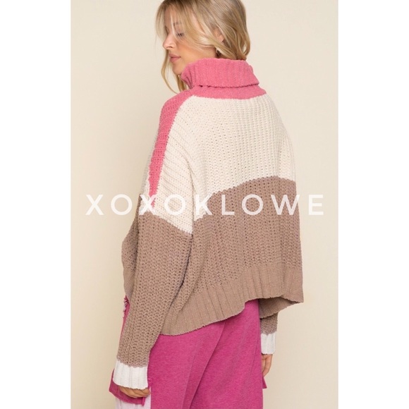 POL PLUS Pink 3 Tone Color Block Sweater Turtleneck Oversize Fit - Picture 7 of 14